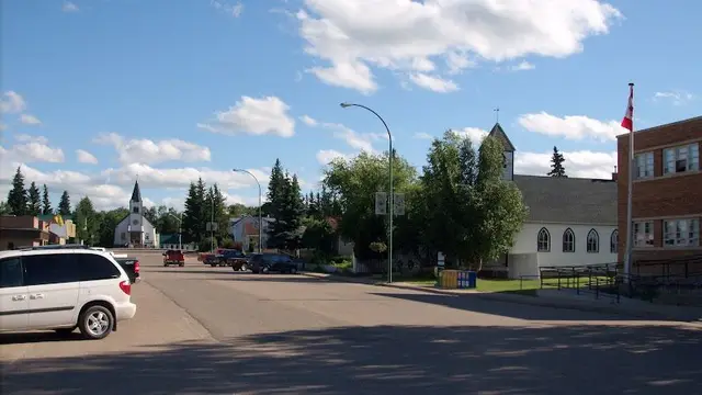 Street view with church and school